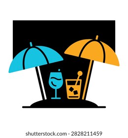 Two colorful beach umbrellas shading refreshing summer drinks on sand