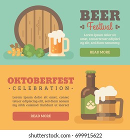 Two colorful beer festival banners. Beer barrel, wheat, hop, beer mug, beer bottle. Oktoberfest flat illustration