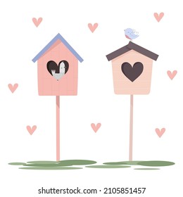 Two colorful bird houses isolated on white background with little simple hearts. Cute cartoon style. Vector illustration. Valentines day concept greeting card. 