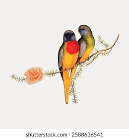 Two colorful birds perched on a branch. Vibrant birds with orange and green feathers. Birds in nature, birds on a branch, colorful. Vintage illustration vector.