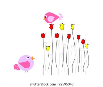 Two colorful birds are talking with each other on flowers