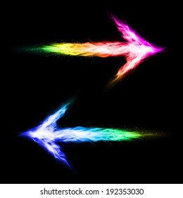 Two colorful blazing arrows pointing in opposite directions