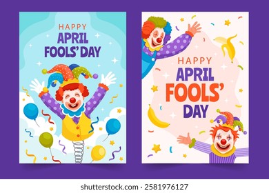 Two colorful cards celebrating April Fools' Day featuring cheerful clowns, balloons, and festive decorations. One card has a clown with a spring, while the other shows a clown with bananas.