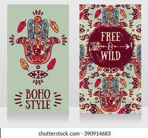 two colorful cards with hamsa symbol in boho style, vector illustration