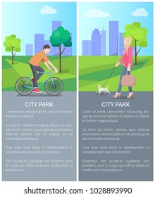 Two colorful city park posters, vector illustration, sunny day, green plants and grass, lot of buildings, woman with dog and man on bike, text sample