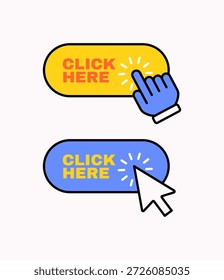 Dos Botones coloridos del Hacer clic aquí con el cursor de la mano y los iconos del puntero de la flecha. Estilo de Vector de dibujos animados plano ideal para UI de Sitio web, Botones de llamada a la acción, App, páginas de destino y diseño de marketing digital