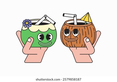 Two colorful coconut drinks cartoon character with smiles held by hands in retro hand drawn style design vector