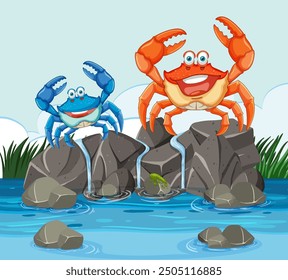 Two colorful crabs on rocks by a waterfall