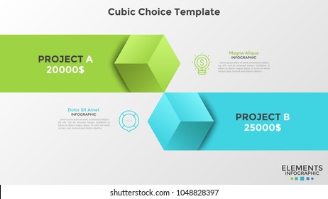 Two colorful cubic elements with ribbons places against each other. Concept of comparison, for and against, cons, pros. Infographic design template. Vector illustration for presentation, brochure.