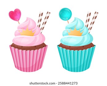 Two colorful cupcakes with frosting, lollipops, and straws. Perfect for birthday invitations, gender party, baby shower, party decorations. Vector illustration