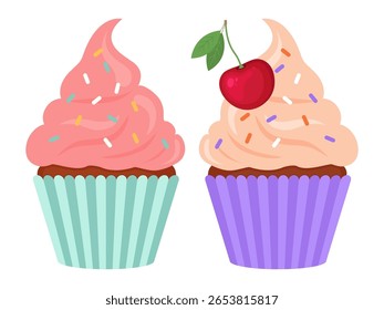 Dois cupcakes coloridos com geada e polvilhos, um coberto com uma cereja, apresentado em embalagens pastel em um fundo branco em estilo de desenho animado plano.