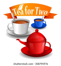 Two colorful cups and ceramic teapot. Advertising signs for coffee
