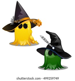 Two colorful cute yellow and green Ghost in hats witch isolated on white background. Sketch for greeting card, festive poster or party invitation. Attributes of the holiday of evil spirit Halloween.