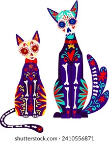 Two colorful Day of the Dead sugar skull cats. Mexican Dia de los Muertos celebration, decorative feline vector illustration.