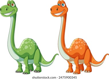 Two colorful dinosaurs standing and smiling