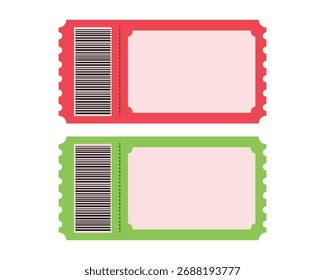 Zwei farbenfrohe Veranstaltungskarten mit Barcodes - rote und grüne Eintrittskarten einzeln auf weißem Hintergrund, perfekt für Kino-, Konzert-, Tombola- oder Unterhaltungskonzepte.