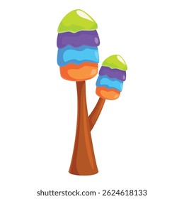 Duas árvores de fantasia coloridas crescendo lado a lado com troncos castanhos e copas coloridas