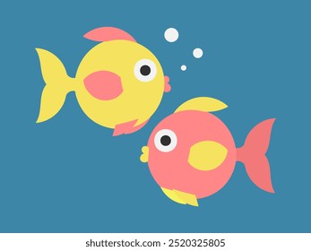 Two colorful fish in water. Illustration for children on the theme of an aquarium or life in the deep sea.	