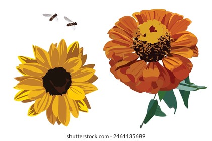 Two colorful flowers with two bees isolated on a white background