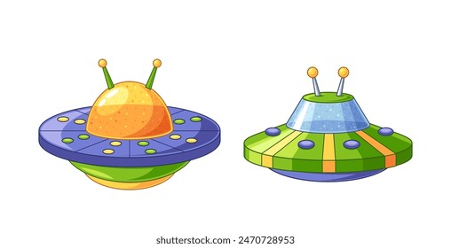 Two Colorful Flying Saucers Isolated On White Background. Whimsical And Fun Ufo Perfect For Fantasy, Space, Sci-fi Theme