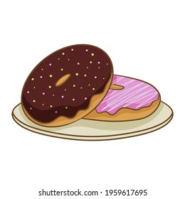 Two colorful frosted doughnuts on a plate, isolated on a white background. Vector illustration in cartoon flat style.