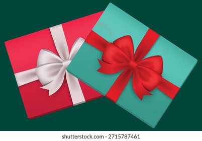 Duas caixas de presente coloridas, uma vermelha com uma fita branca e uma azul-petróleo com uma fita vermelha, perfeita para saudações de fim de ano, aniversários ou celebrações especiais. Presentes para ocasiões festivas