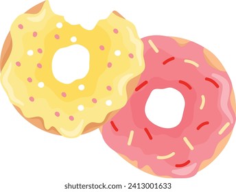 Two colorful glazed donuts, one pink and one yellow, with sprinkles. Sweet and delicious dessert vector illustration.