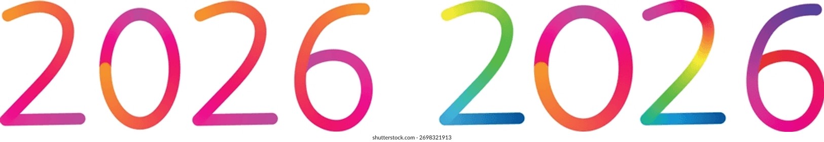 Dos representaciones coloridas y dibujadas a mano del año 2026, aisladas sobre un fondo transparente.
