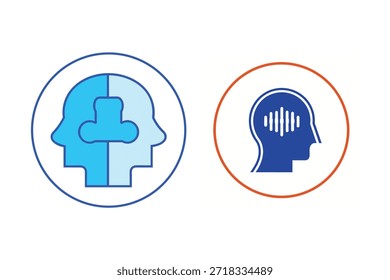 Dos iconos de cabeza coloridos que representan la salud mental y conceptos de audio en círculos