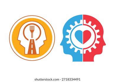Two colorful head icons representing food and heart with gear symbolizing thoughts and emotions