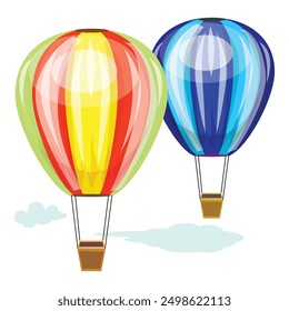 Two colorful hot air balloons floating in a blue sky with white clouds