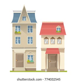 Two colorful  houses, vector isolated on white background, flat  illustrations, Traditional concept house, Private residential architecture.