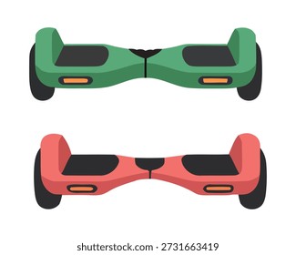 Dos hoverboards de colores, uno verde y otro rojo, se representan sobre un fondo blanco. Estos dispositivos de transporte personal se muestran desde una perspectiva de arriba hacia abajo.