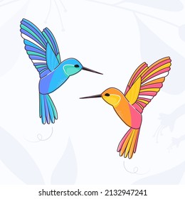 Two colorful hummingbirds in flight. Vector illustration. 