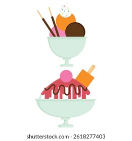 Two Colorful Ice Cream Desserts with Toppings in Pedestal Bowls