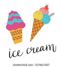 Two colorful ice creams with an inscription on a white background. Vector