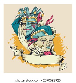 Two colorful Indian tribal faces. Vector illustration