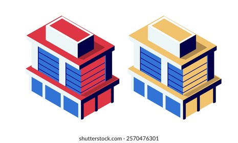 Two colorful isometric office buildings symbolize growth and innovation in a modern urban environment