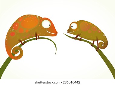 Two Colorful Lizards Sitting on Grass Animal Cartoon. Brightly colored drawing of funny smiling chameleons. Vector illustration EPS10.