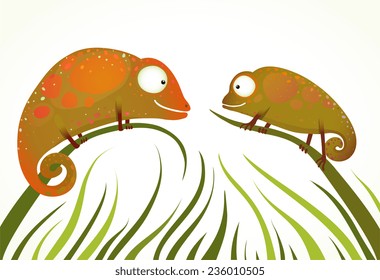 Two Colorful Lizards Sitting on Grass Background Staring. Funny smiling chameleons childish illustration. Vector illustration EPS10.