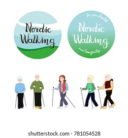 Two colorful logo with Nordic Walking title. Vector illustration with two happy elderly couples and one woman - they are engaged in Nordic walking. Active lifestyle of old people. Isolated on white.