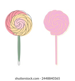 Two colorful lollipops are positioned on top of each other, showing a simple and playful arrangement