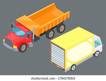 Two colorful lorry trucks on road. Motor vehicles for freight. Big automobile for fast transportation goods. Logistics delivery vector illustration