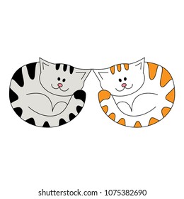 Two colorful lying cats. Illustration isolated on a white background in doodle style