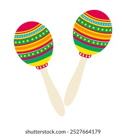 Duas maracas coloridas são mostradas com um fundo branco. As maracas são decoradas com cores brilhantes e padrões, dando-lhes uma aparência viva e festiva. Conceito de alegria e celebração