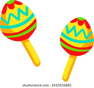 Two colorful maracas with striped and zigzag patterns. Brightly colored musical instruments, traditional Latin American percussion. Festive music celebration and Latin culture vector illustration.