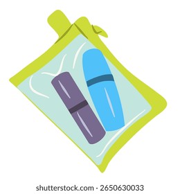 Two colorful markers are packed inside a green pouch, suggesting it's part of stationery or art supplies kit. Good for illustrating school concepts.