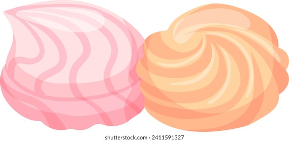 Two colorful meringues, one pink and one orange, sweet dessert illustration. French pastry, whipped egg whites and sugar, bakery treat vector illustration.