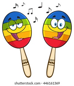 Two Colorful Mexican Maracas Cartoon Mascot Characters Singing. Vector Illustration Isolated On White Background