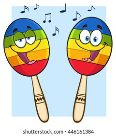 Two Colorful Mexican Maracas Cartoon Mascot Characters Singing. Vector Illustration Isolated On White Background With Notes
